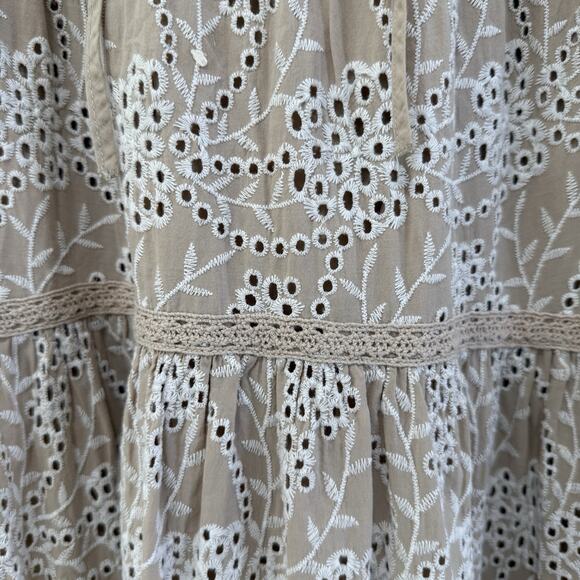 Chico’s Boho Tan White Eyelet Tiered Ruffle Midi Maxi Dress Size 1 US 8 Neutral - Picture 6 of 10